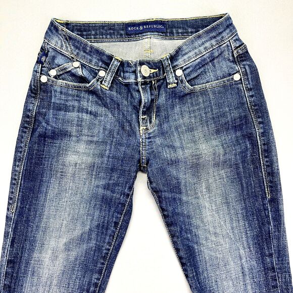 Rock & Republic Jeans Berlin Womens Sz 2 Skinny Denim Logo Pocket Blue Dark Wash - Picture 2 of 13